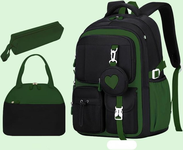 Dreiteiliges Schultaschen-Set von Fancy Style Studio mit Rucksack, Federmäppchen und Brottasche in Grün aus wasserdichtem Nylonstoff - Bild 1