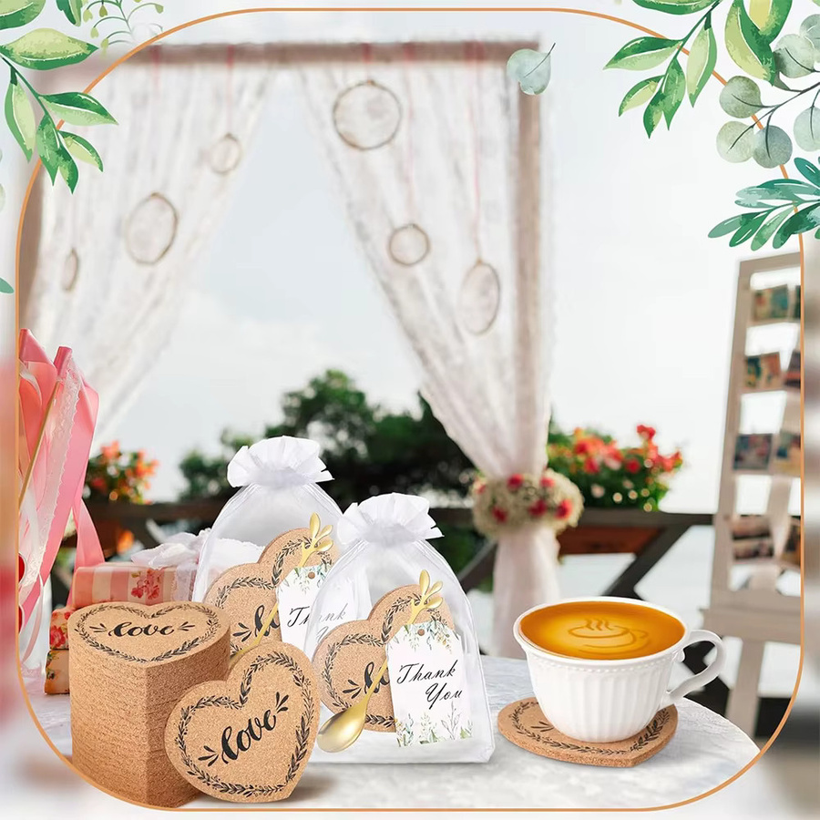 10-teiliges Set aus herzförmigen Korkuntersetzern, Teelöffel und Dankeskarte in Gold mit Organzabeutel als Geschenk für Hochzeitsgäste oder Braut-to-Be-Tea-Party - Bild 2