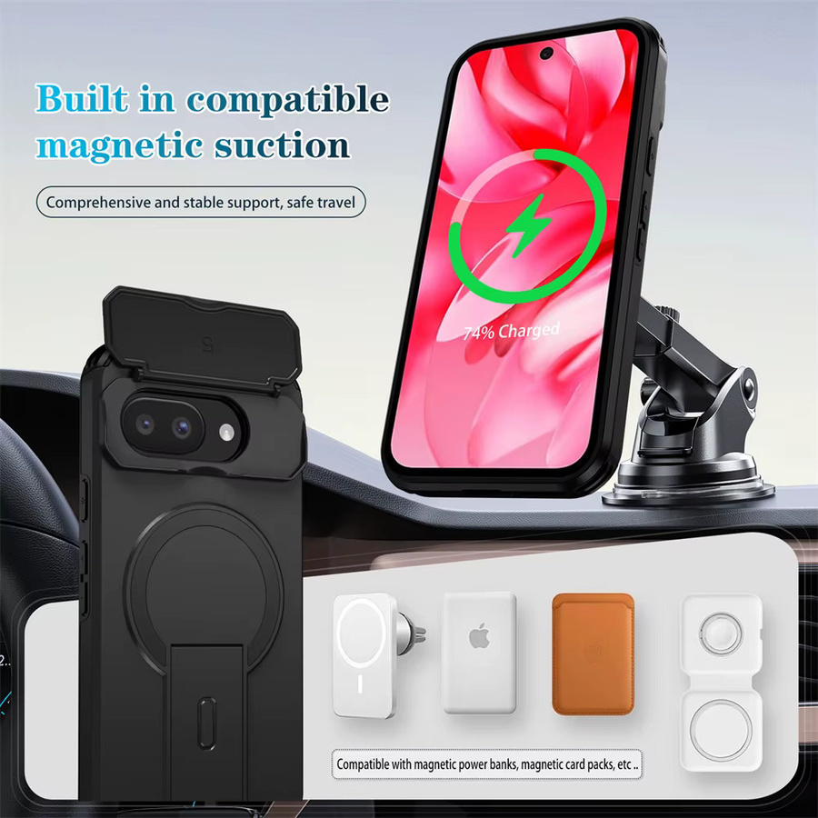 Magnetische MagSafe-Schutzhülle für Google Pixel 10 9 8 Pro XL 8A 9A 10A mit Schiebe-Kameraschutz und klappbarem Ständer in Schwarz und Lila - Bild 2
