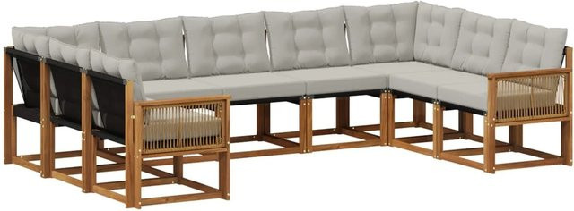 vidaXL Outdoor-Sofagarnitur L-Form aus Massivholz Akazie mit 9 Kissen in Natur und Hellgrau - Bild 1