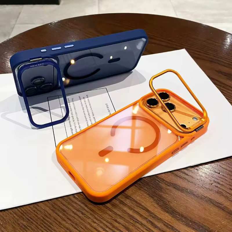 Magnetische Schutzhülle mit Metalllinsenständer und Linsenglasfolie für iPhone 11 bis 17 Pro Max Plus Air, transparent und schwarz, kompatibel mit MagSafe - Bild 2