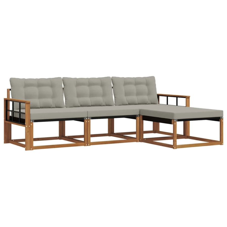 vidaXL Outdoor-Sofagarnitur 4-tlg. aus Akazienholz mit Kissen in L-Form, Natur und Hellgrau - Bild 2