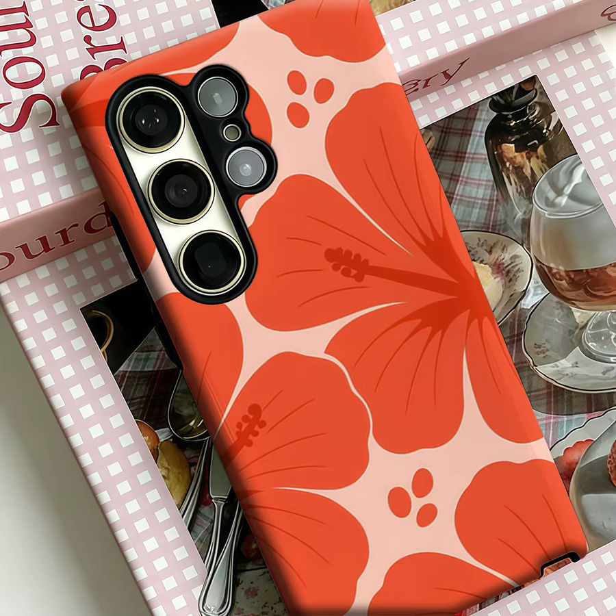 Stoßfeste Doppelschicht Handyhülle mit tropischem Hibiskus-Design für Samsung Galaxy S25 Ultra, S24 und S23 Ultra Plus in Orange-Rot - Bild 4