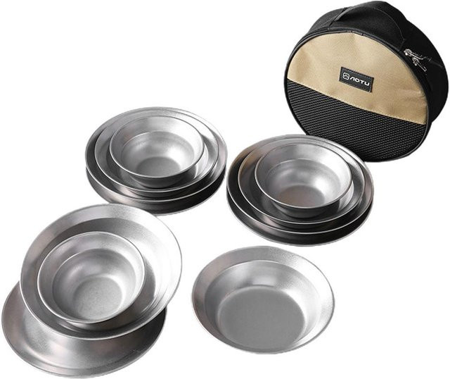 Aimo Camping Geschirr Set aus Edelstahl in Silber, 12-teilig für Outdoor, Camping und Wandern - Bild 1