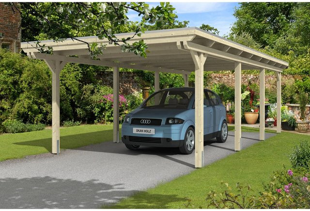 Skan Holz Einzelcarport Emsland Flachdach in Beige mit Regenrinne und Pfostenankern B/T: 404 x 846 cm - Bild 1
