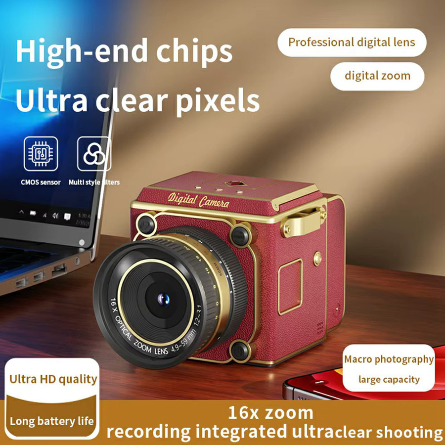 AMORUS Vintage Digitalkamera 64MP mit 2.7K HD-Video, 16-fach Zoom und Autofokus, Retro Point-and-Shoot Kompaktkamera mit 2,0 Zoll Display in Weiß oder Rot - Bild 4