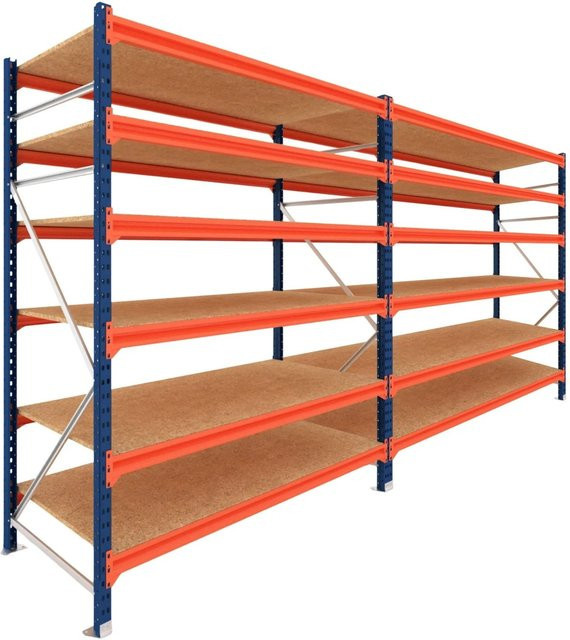 PROREGAL Schwerlastregal DOMINUS Weitspannregal mit 2 Feldern und 6 Ebenen, Blau/Orange, B/H/T: 200 x 390 x 80 cm - Bild 1