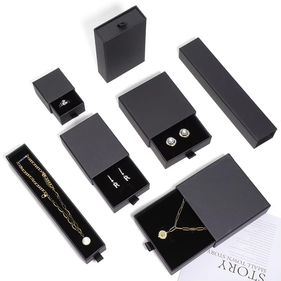 Schwarze Schmuck-Display-Box aus Papier mit Schiebeschublade zur Aufbewahrung von Halsketten, Ringen, Ohrringen und Armbändern - Bild 3