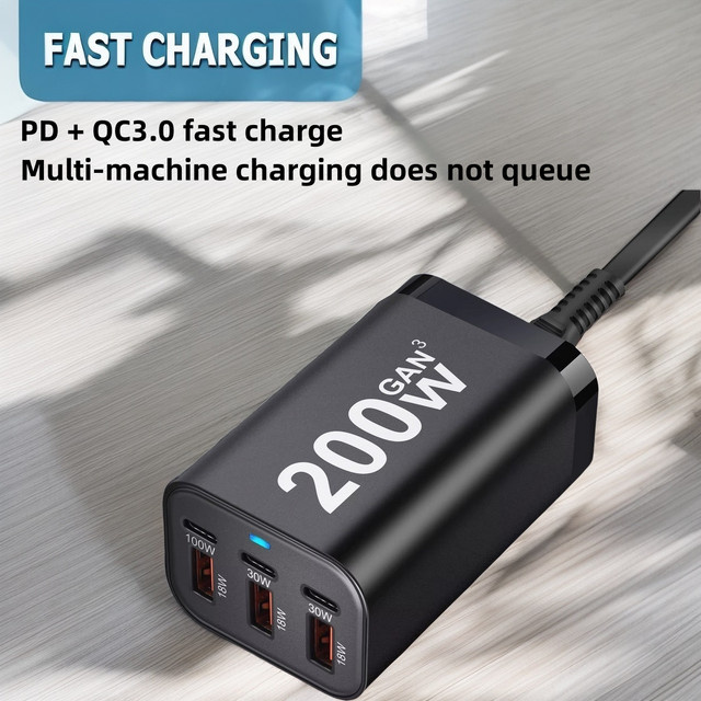 Deepartner 200W 6-Port GaN USB-C Schnellladegerät in Schwarz für iPhone und Samsung Serien - Bild 1