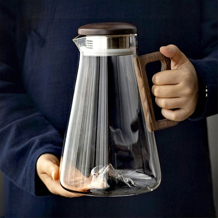 BenRussell Glaskaraffe mit Holzgriff und Siebdeckel, hitzebeständig, 2000 ml, transparent