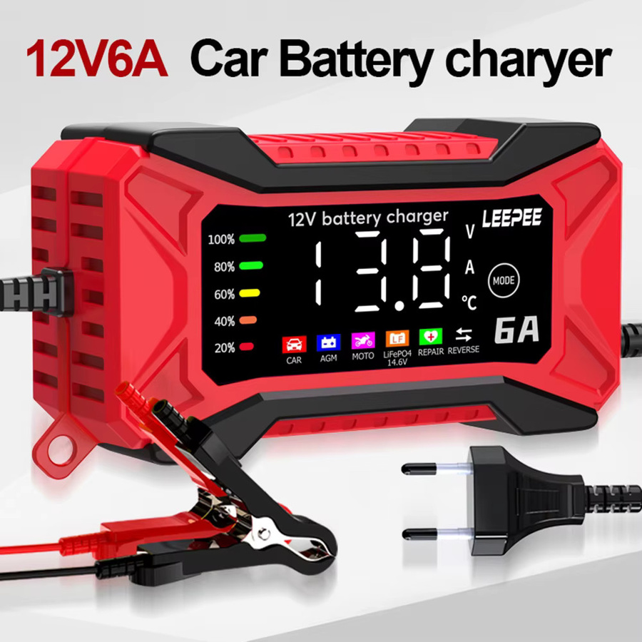 Intelligentes digitales LCD Batterie Ladegerät für SUV, Motorrad, LKW und Auto mit Puls Reparatur Funktion, 12 V, 6A, Farbe: Rot - Bild 2