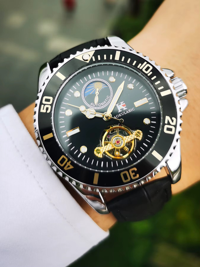 AOKULASIC Armbanduhr, Automatik, Skelett, Edelstahl, Leder, Herren - Bild 6