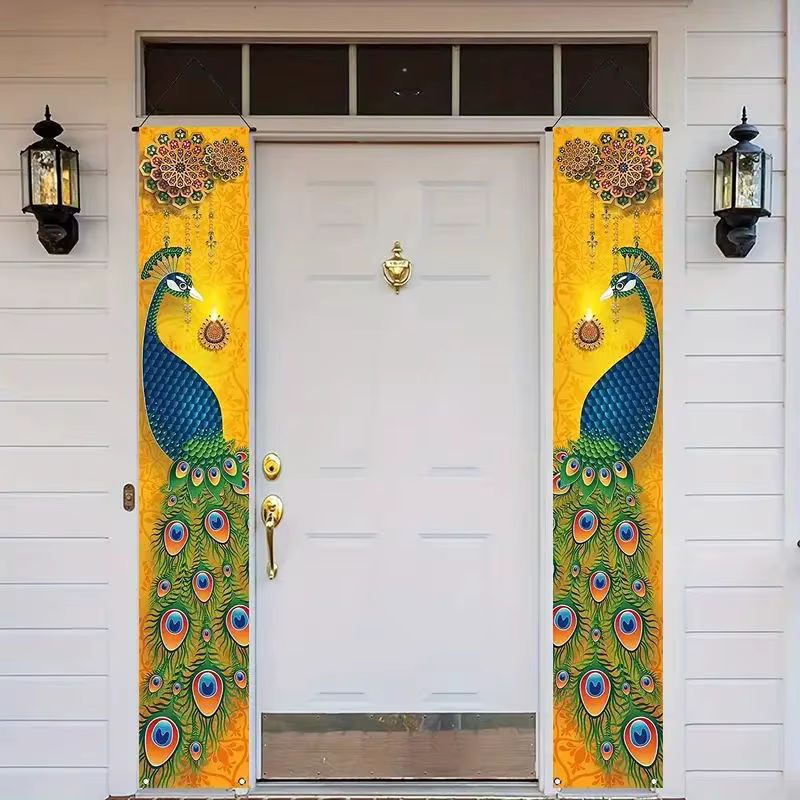 VIKAMA 2er Set Lantern Festival Gateway Banner mit Pfau-Motiv, orientalische Willkommensschilder zur Partydekoration, mehrfarbig und weiß, H: 180 cm, B: 30 cm, T: 30 cm - Bild 3