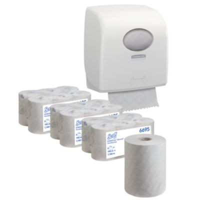 Scott Essential Slimroll Rollenhandtücher Sparset mit 18 Rollen à 190 m und Kimberly-Clark Aquarius Slimroll Rollenhandtuchspender 7955 in Weiß - Bild 1