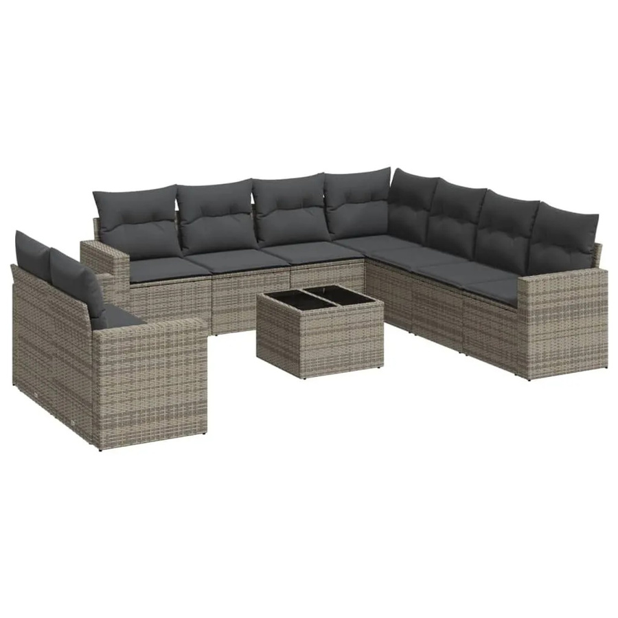vidaXL 10-tlg. Garten-Sofagarnitur in L-Form aus grauem PE-Rattan mit Kissen und pulverbeschichtetem Stahlgestell - Bild 2