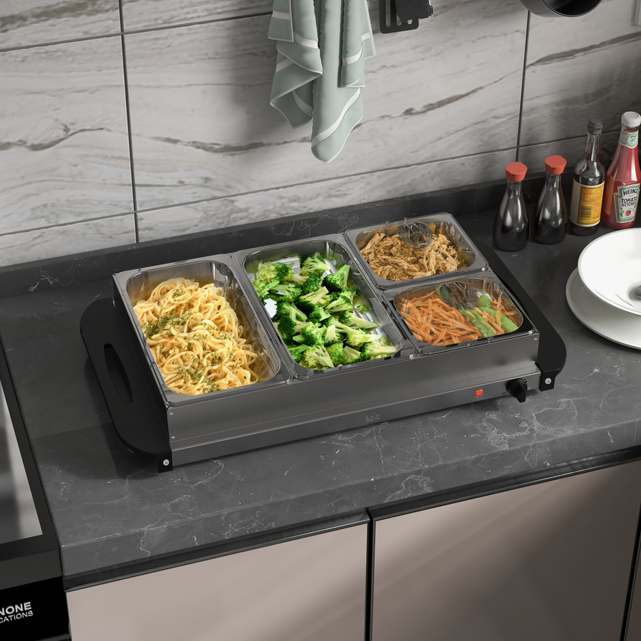 HOMCOM Buffetwärmer Chafing Dish aus Edelstahl mit 6,8 l Fassungsvermögen, 300 Watt und einstellbarem Thermostat, Silber/Transparent - Bild 2