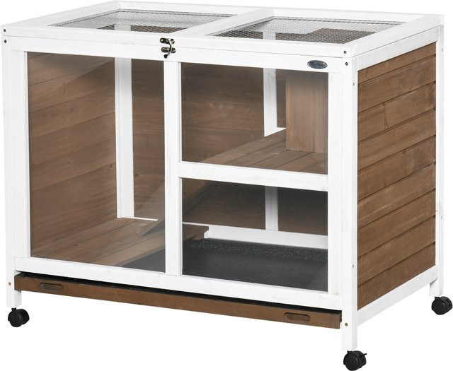 PawHut Kaninchenkäfig Aosom Kleintiergehege aus Massivholz mit 2 Etagen und Rollen, Farbe: Braun, B/T/H: 91,5 x 53,3 x 73 cm - Bild 1