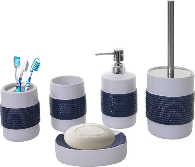 5-teiliges Badset MCW-C73 aus Keramik in Blau/Weiß inklusive WC-Garnitur und Badezimmer-Accessoires - Bild 1