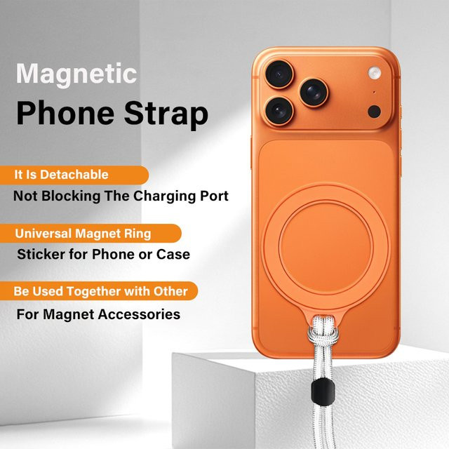MagSafe Magnetischer Ringhalter mit Umhängeband in Schwarz, 360 Grad rotierbarer faltbarer Telefongriff für iPhone und Xiaomi - Bild 1