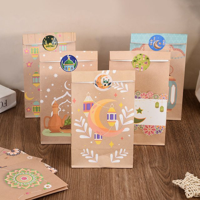 12er Set ZQNYCY Eid Mubarak Kraftpapiertüten mit Aufklebern in Braun zur Ramadan Süßigkeiten Geschenkverpackung und Islamischen Party Dekoration - Bild 1