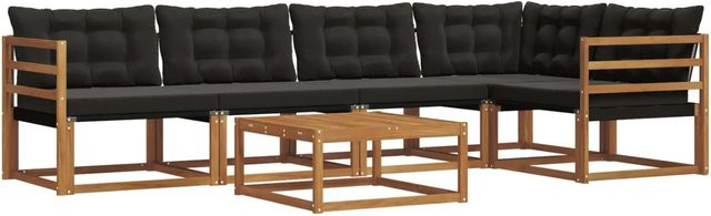 vidaXL Outdoor-Sofagarnitur 6-teilig aus Akazienholz und Textilene in Natur und Schwarz mit Kissen - Bild 1