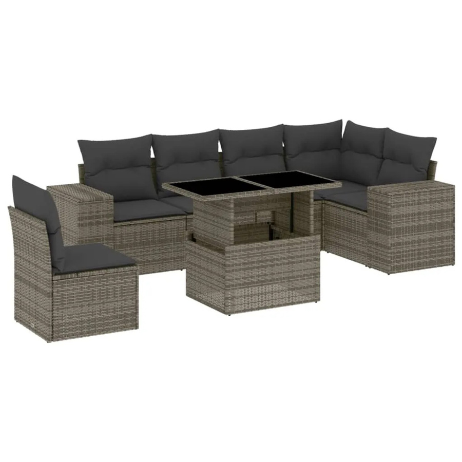 vidaXL 7-tlg. Garten-Sofagarnitur in L-Form aus grauem PE-Rattan mit Kissen und pulverbeschichtetem Stahlgestell - Bild 2