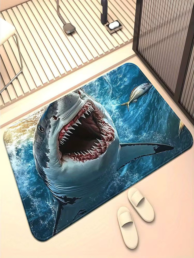 VIKAMA 3D White Shark Bodenmatte, rutschfeste Badezimmer-Matte und Eingangsteppich in Weiß und Blau, B/T: 60 x 40 cm - Bild 1