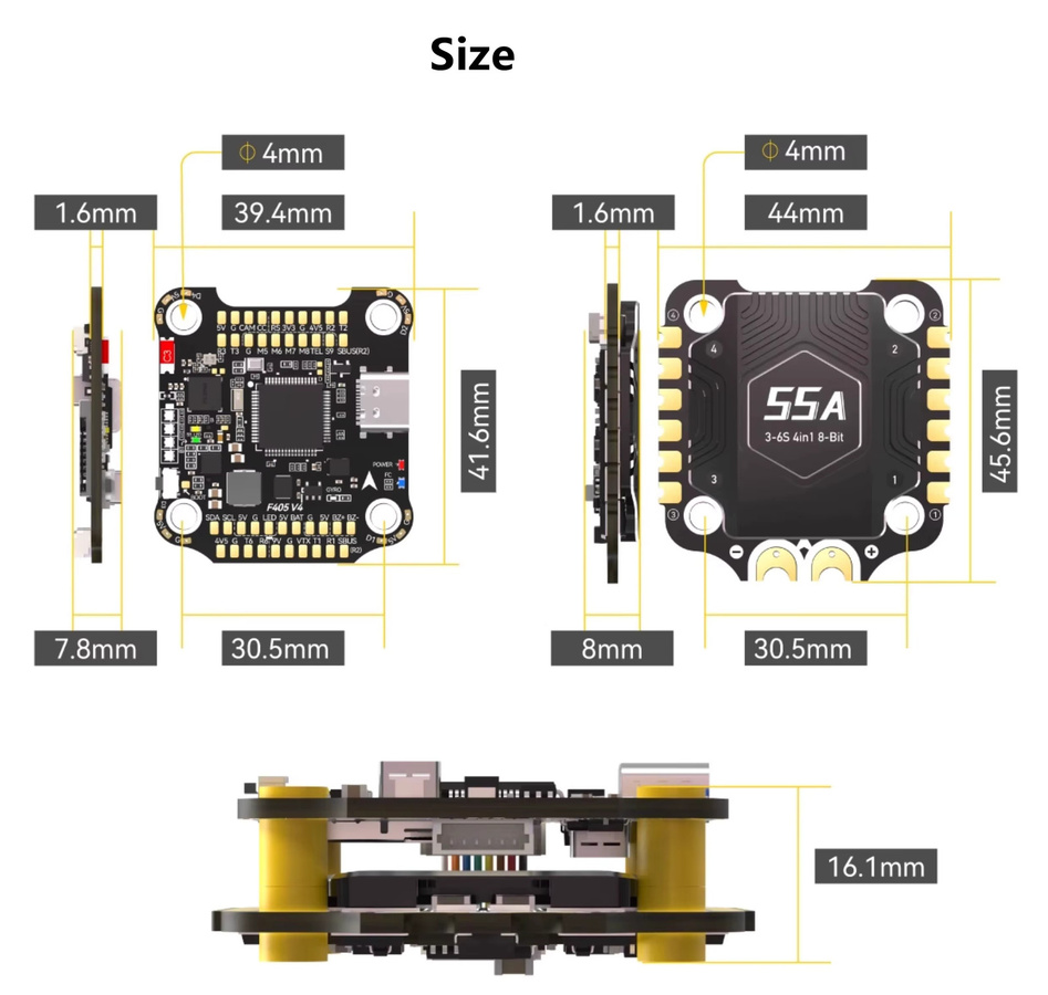 NeebRC F405 V4 FC Stack mit BLS 55/60A 4-in-1 ESC Bluetooth, 3-6S, 30x30 mm, Schwarz - Bild 2