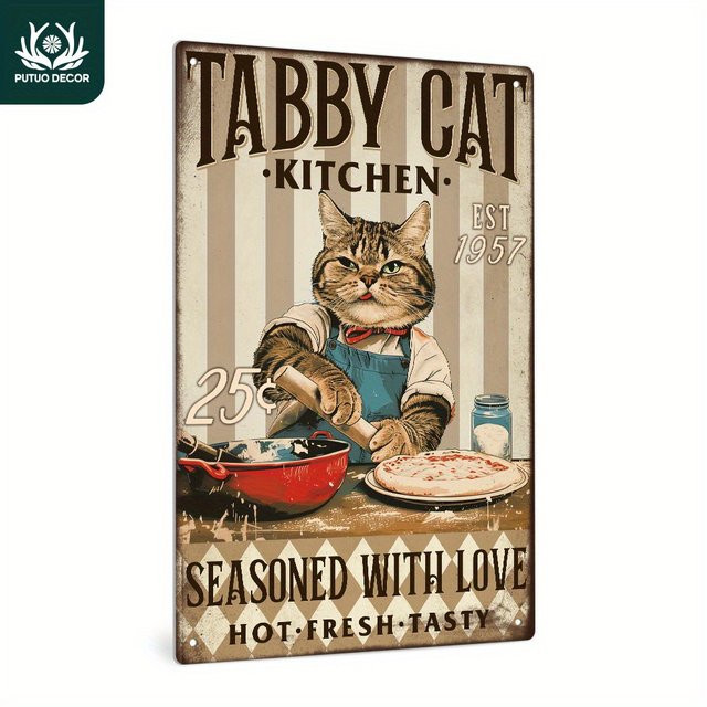Putuo Decor Vintage Metallschild Tabby-Katze Küche Wandkunst-Dekoration Mehrfarbig B: 30,0 cm, H: 20,0 cm - Bild 1