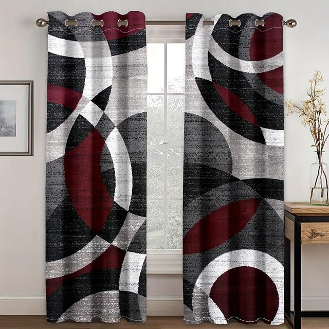 2er-Set Yiran Furniture Vorhänge mit abstraktem geometrischem Design in Schwarz, Weiß und Grau, halbtransparent, Ösenaufhängung, Breite: 100 cm, Höhe: 130 cm - Bild 1