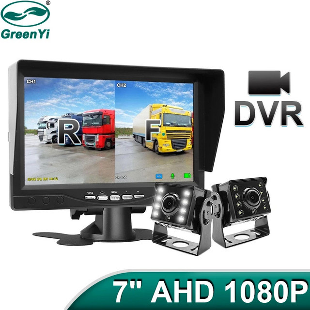 GreenYi LKW Rückfahrkamera Set mit 7 Zoll Monitor und 2 Kameras in Full HD 1080p, AHD Nachtsicht, Schwarz - Bild 1