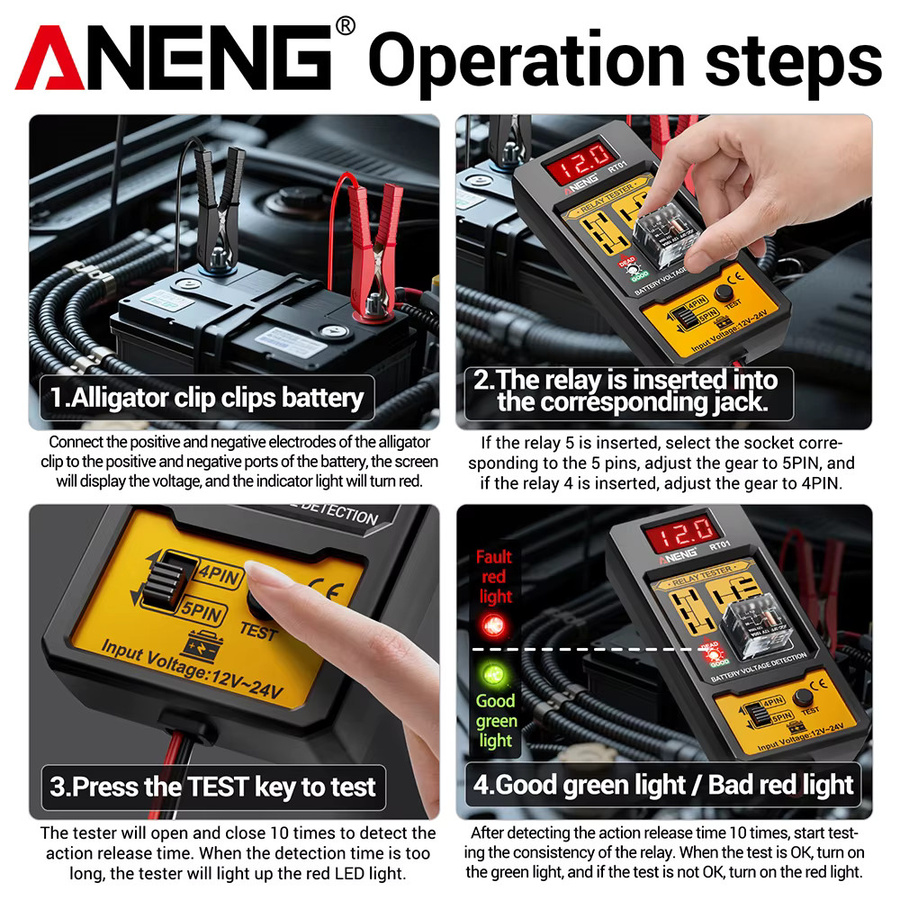 ANENG RT01 Digitaler Relais-Detektor und Batterietester für Fahrzeuge, 11–25 V, Schwarz - Bild 3