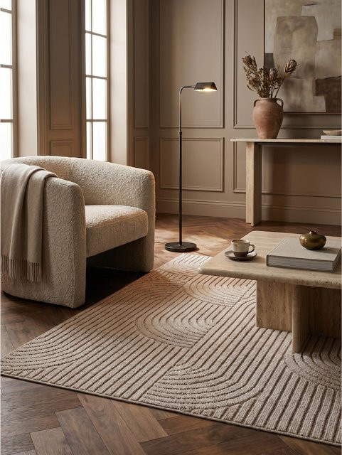 Flachgewebe-Teppich Kadima Design Beige mit Hoch-Tief-Bögen Wellen-Design B: 290 cm, T: 200 cm - Bild 1