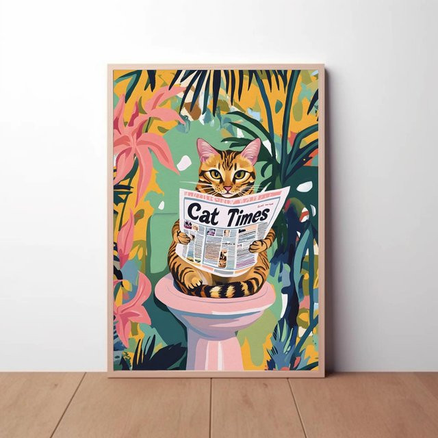 Cat Times Lustiger Bengal-Katzen-Kunstdruck als moderne Leinwand-Wanddekoration für dein Badezimmer, Mehrfarbig, ungerahmt - Bild 1