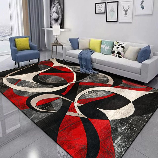 Abstrakter Teppich Karpetti in Rot Schwarz mit Wirbelmuster, rutschfest und waschbar, Breite: 80 cm, Länge: 120 cm - Bild 1