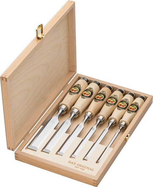 Kirschen Stechbeitelsatz 6-teilig mit Weißbuchenheft im Holzkasten, Größen: 6 mm, 10 mm, 12 mm, 16 mm, 20 mm, 26 mm - Bild 1