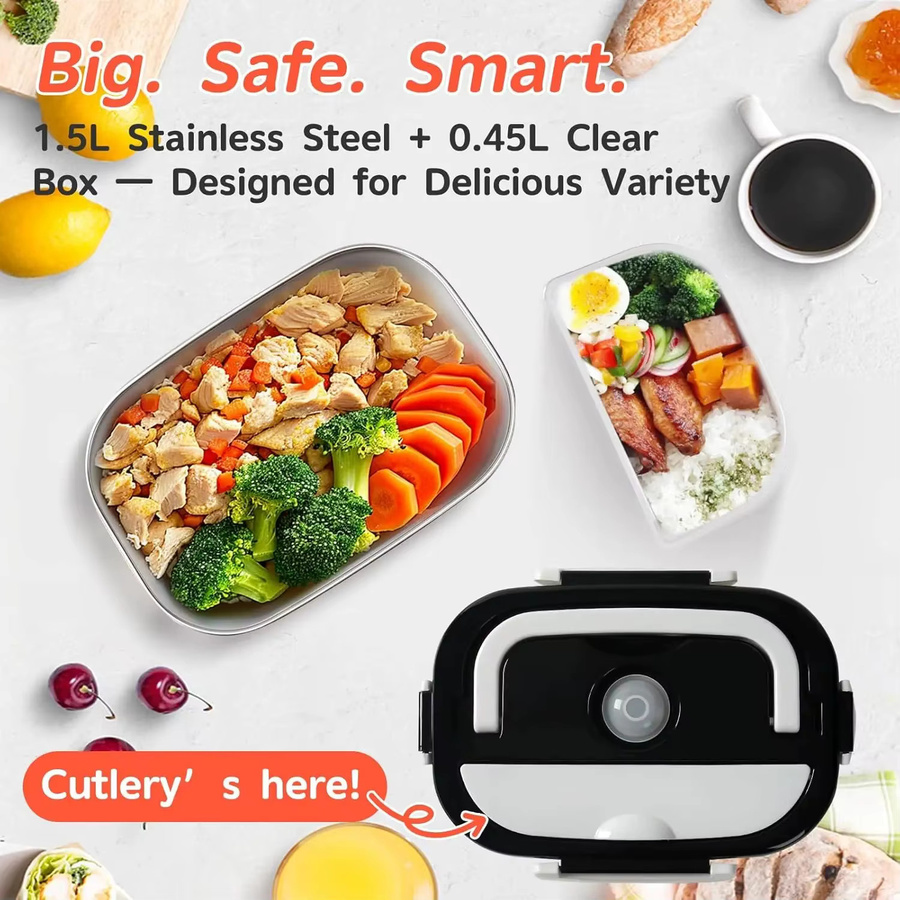 Tragbare elektrische Heiz-Lunchbox mit zwei Fächern für 12V/24V KFZ-Stecker, Bento-Reise-Speisenwärmer in Schwarz - Bild 4