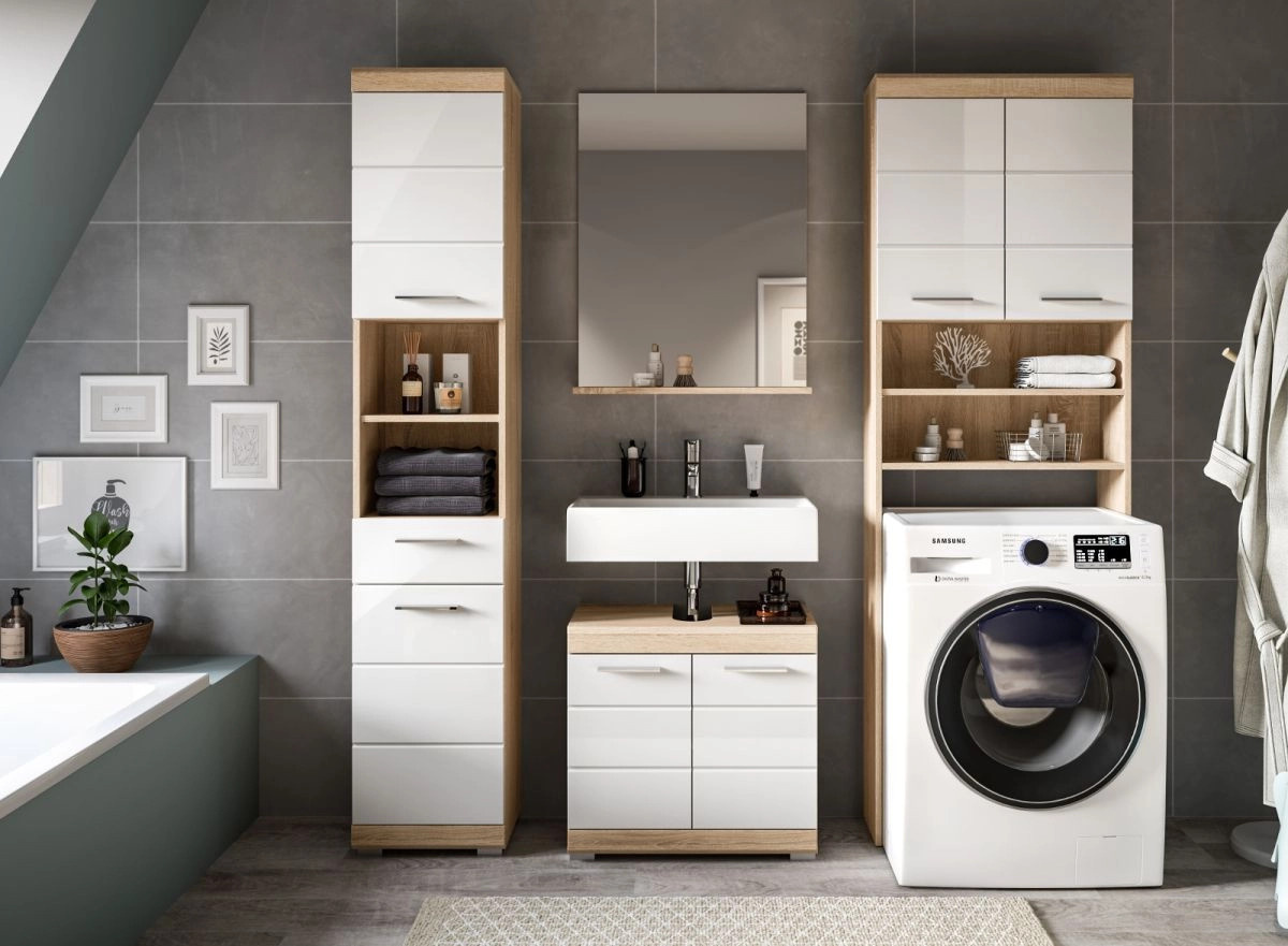 Inn.Furn Waschmaschinenschrank Mambo in Weiß Hochglanz und Eiche, B/T/H: 63 x 24 x 191 cm - Bild 4
