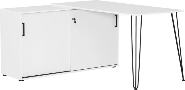 PROREGAL Eckschreibtisch Zebra mit Aktenschrank und 2 abschließbaren Schiebetüren, Weiß, H x B x T: 74 x 145 x 129,5 cm - Bild 1