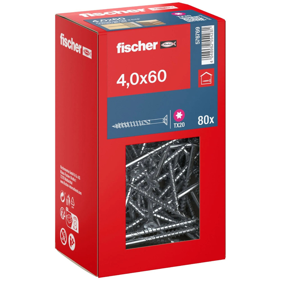 Fischer PowerFast II Senkkopf Teilgewinde Schraube mit Torx-Antrieb aus verzinktem Stahl, Durchmesser: 4 mm, Länge: 60 mm, 80 Stück - Bild 2