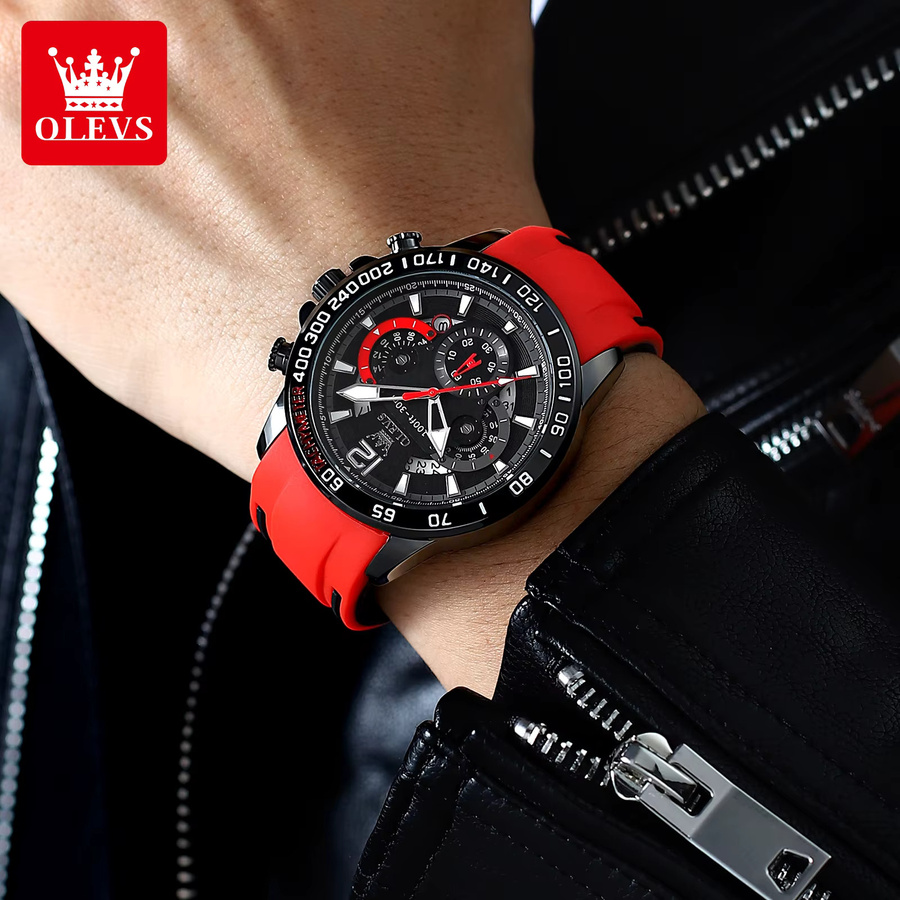 OLEVS Chronograph, Quarzuhr, Silikonarmband, Schwarz, Herren, 46mm - Bild 4