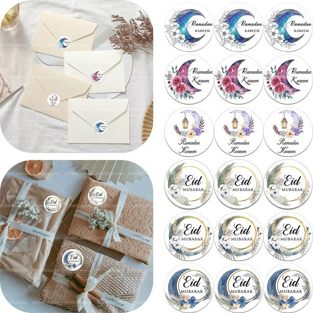 Eid Mubarak Aufkleber mit Blumenkranz für Ramadan Kareem Geschenke Verpackung, Mehrfarbig, 60 Stück - Bild 1