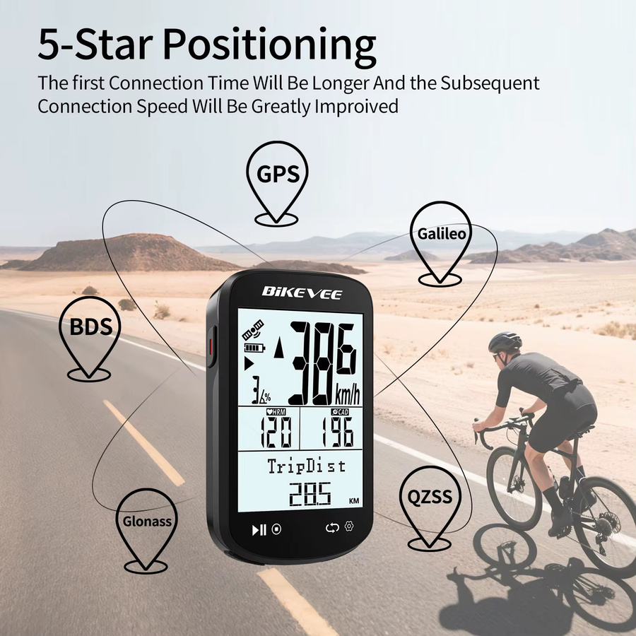 Bikevee GPS Wireless Fahrradcomputer in Schwarz mit 2,6 Zoll Display, Bluetooth und ANT+ inklusive Trittfrequenz- und Geschwindigkeitssensor - Bild 2