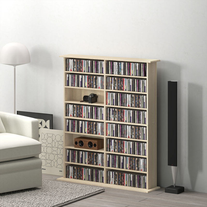 Aosom Multimedia-Aufbewahrungsregal für CD und DVD mit 16 Fächern und 12 verstellbaren Regalen, Naturholz, B/T/H: 106,5 x 24 x 123,7 cm - Bild 2