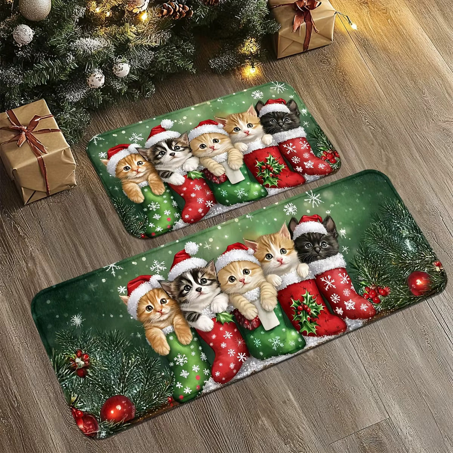 VIKAMA Weihnachtsteppich mit Kätzchen-Motiv, weiche Bodenmatte für Wohnzimmer und Schlafzimmer, Mehrfarbig, B: 75 cm, T: 45 cm - Bild 6