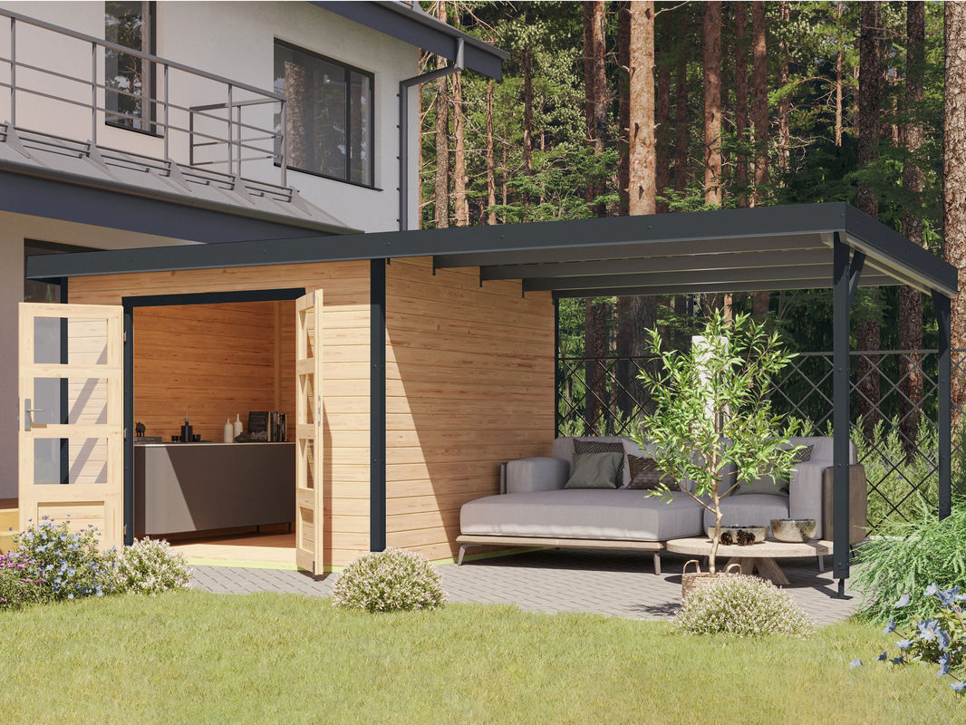 KARIBU Gartenhaus Premium Hybrido mit Anbaudach in Natur und Anthrazit - Bild 2