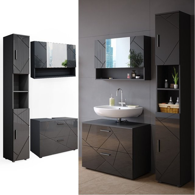 Vicco Badmöbelset Irma in Anthrazit Hochglanz, 3-teiliges Badezimmer-Set mit Spiegelschrank und Waschtischunterschrank, Breite: 80 cm - Bild 1