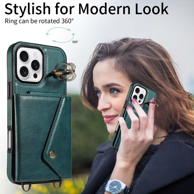 Elegante Ledertasche mit Lanyard und Kartenfächern für iPhone Modelle in Gold - Bild 3