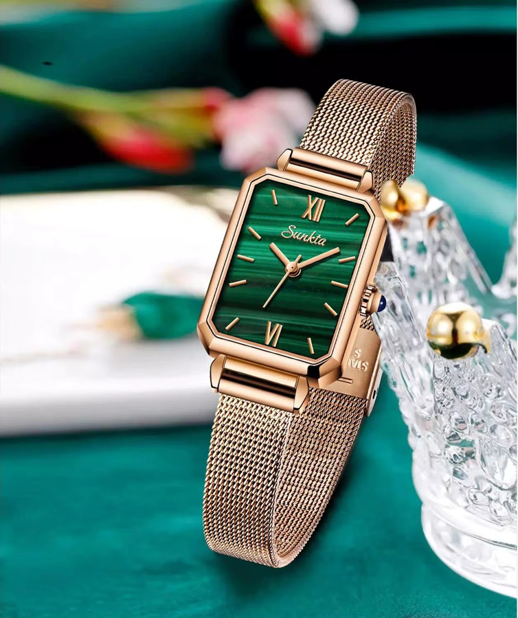 Sunkta Armbanduhr Damen, Quarz, rechteckig, grün, Roségold, Milanaise - Bild 3