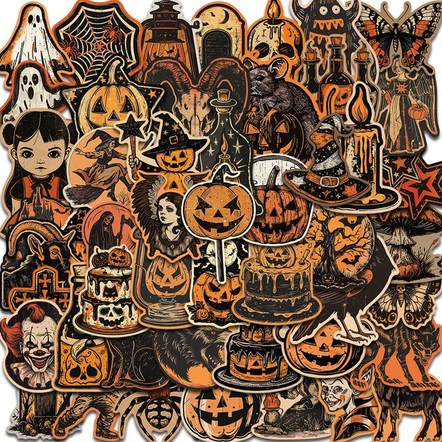 50 oder 100 Stück Retro Halloween Aufkleber mit erschreckenden Kürbis-Motiven in Multicolour für Laptop, Telefon und DIY-Projekte - Bild 1